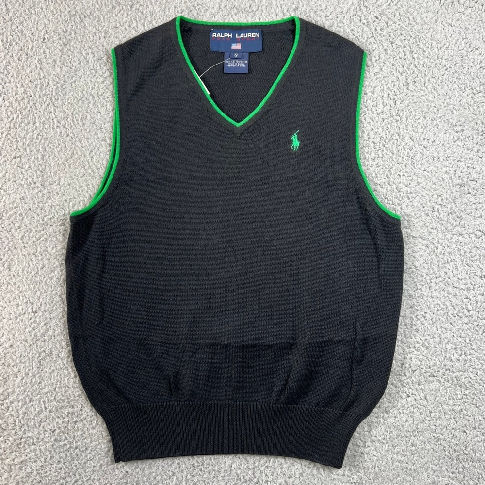 Ralph Lauren Polo Sport Sweater Vest Women's S Grey Green V-Neck‎ Cotton VTG NWT